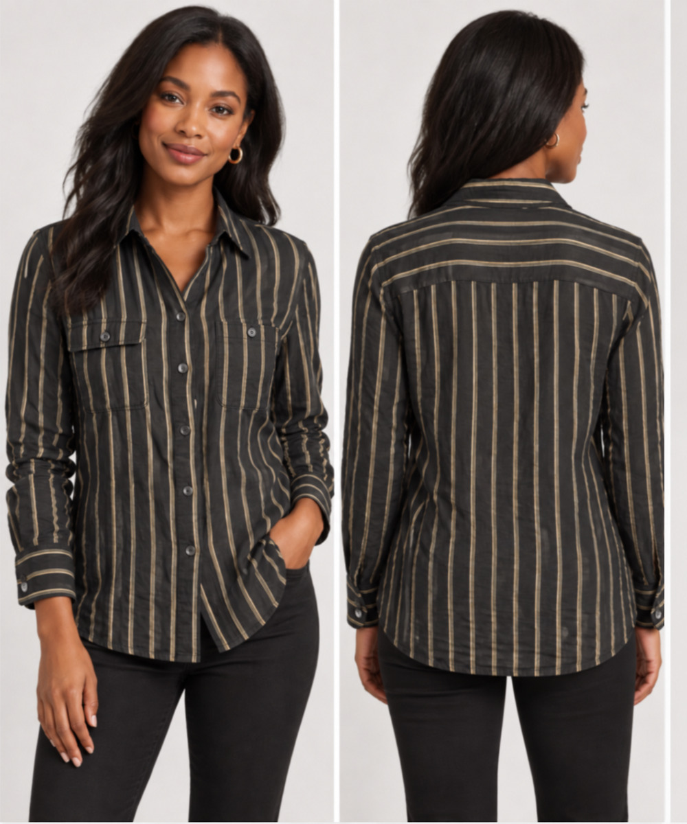 Lauren Ralph Lauren Large Black Tan Striped Silk Linen Button Up Shirt Roll Tab